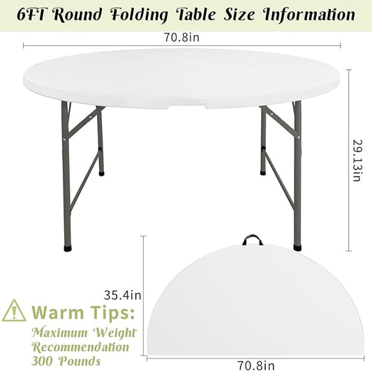 Fivenl 6 FT Round Folding Tables White Foldable Table, Fold-in-Half with Carrying Handle Portable Plastic Table for Party, Dining, Wedding, Camping, Picnic, Indoor Outdoor Events