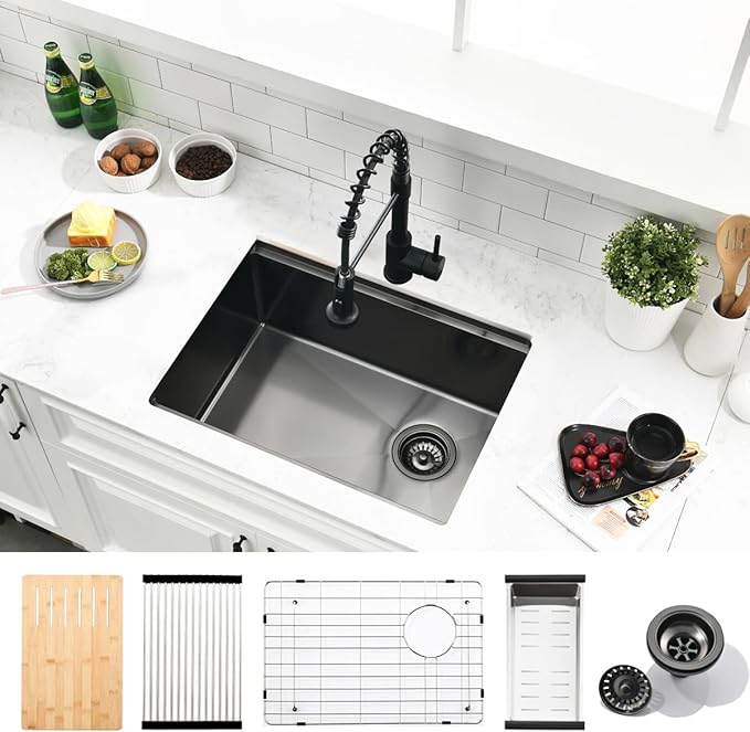 23 Inch Black Undermount Kitchen Sink Workstation - SZBAQTM 23x18 Inch Stainless Steel Undermount Sink Single Bowl 10'' Deep Handmade Kitchen sink with Cutting Board& Strainer