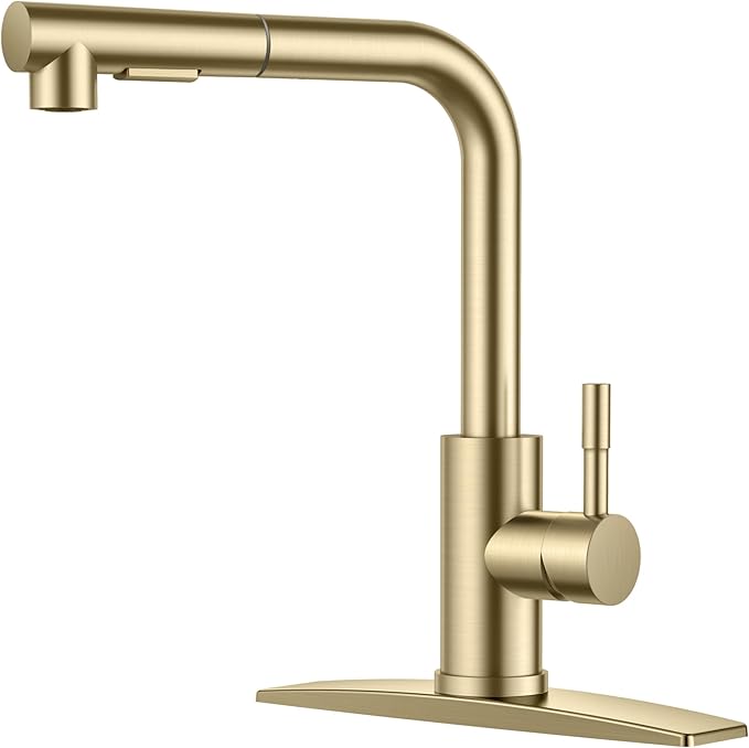 FORIOUS Gold Kitchen Faucet with Pull Down Sprayer, Stainless Steel Single Handle Classic Pull Out Sink Faucet for Farmhouse Laundry RV Bar, with Deck Plate for 1 or 3 Holes