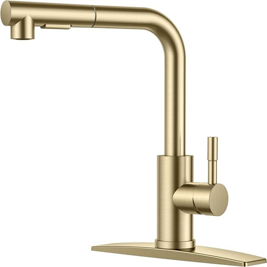 FORIOUS Gold Kitchen Faucet with Pull Down Sprayer, Stainless Steel Single Handle Classic Pull Out Sink Faucet for Farmhouse Laundry RV Bar, with Deck Plate for 1 or 3 Holes