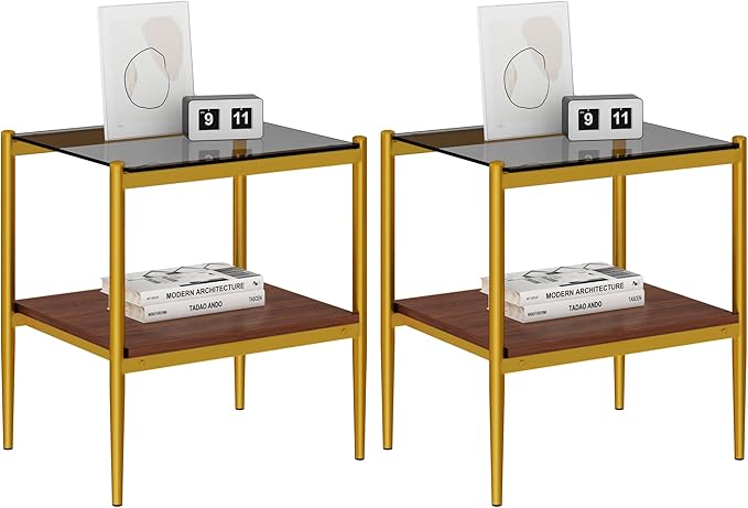 Set of 2 Glass End Table, 2-Layer Glass Living Room Table, Modern Tea Table Side Tables for Home Office Furniture