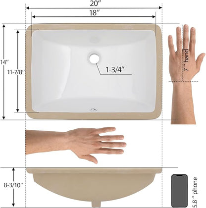 Mocoloo Undermount Bathroom Sink 20" x 14" Rectangle White Ceramic Bathroom Sink 8 Inch with Vertical Sides and Overflow Drain Porcelain Rectangular Undermount Vanity Sinks