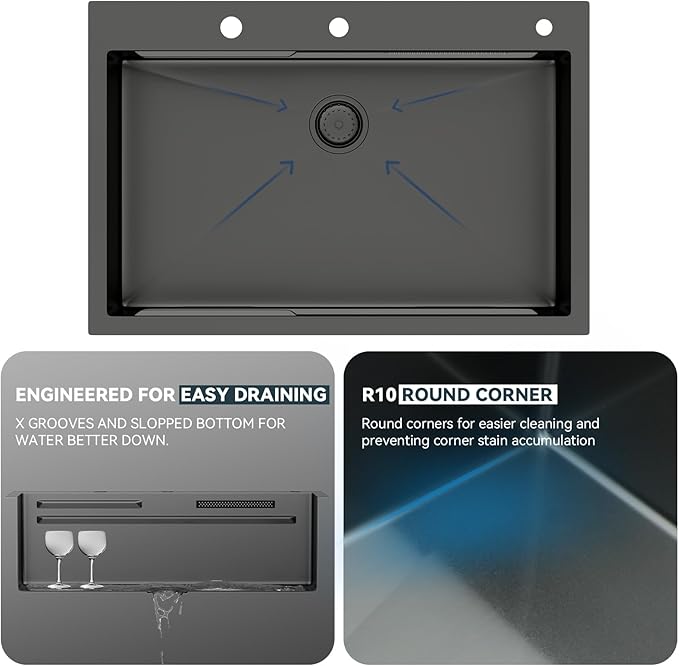 Lordear 33 Drop In Kitchen Sink with Faucet 33x22 Inch Black Waterfall Kitchen Sinks Topmount Stainless Steel 16 Gauge Single Bowl Workstation Smart Sink with Separated Switch Knob