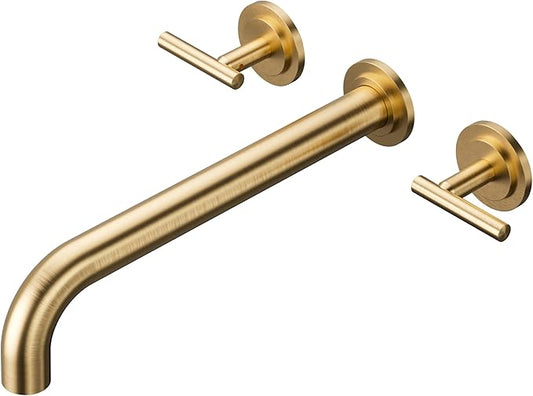 WOWOW Wall Mount Tub Filler: Gold Tub Faucet High Flow Two Handles Solid Brass, Long Spout Reach,Tub Faucet Bathroom Bathtub Faucets with 2 Handles Tub Faucets with Brass Rough in Valve Included