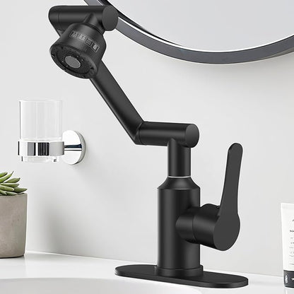 Bathroom Sink Faucet, FunnyAir Stainless Steel 1080° Rotatable Faucet for Sink 1 Hole or 3 Holes, Modern Style Single Handle Bathroom Faucets with Hot and Cold Hoses, Matte Black
