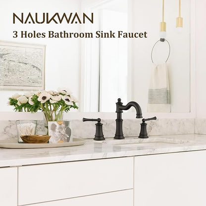 Roman Bathroom Sink-Faucet 3-Holes, Matte Black Rotated Spout Vanity Basin Faucets 3 Holes 2 Handles 8 inches Widespread Deck Mount Brass Faucet for Sink with Overflow Pop Up Drain NL2204-BK