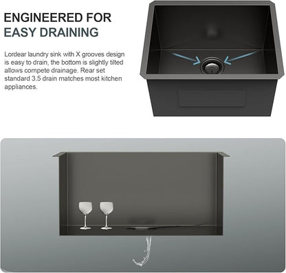 Lordear 23 Black Laundry Sink Stainless Steel - 23" x 18" x 12" Undermount Sink Single Bowl 16 Gauge Stainless Steel Deep Laundry Room Utility Sinks Handmade Under Counter Kitchen Basin,Gunmetal Black