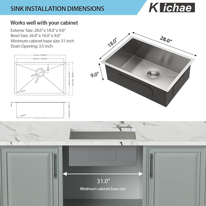 Kichae Kitchen Sink Undermount - 28 Inch Undermount Sink Single Bowl 16 Gauge Stainless Steel Kitchen Sinks Round Corner Basin