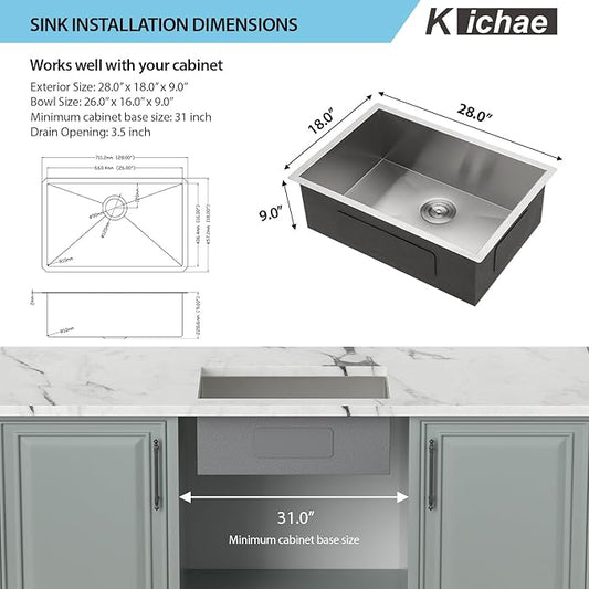 Kichae Kitchen Sink Undermount - 28 Inch Undermount Sink Single Bowl 16 Gauge Stainless Steel Kitchen Sinks Round Corner Basin