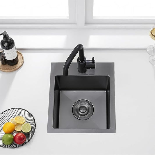 KINGO HOME Black Bar Sink Drop In,15 x 15 Inch Topmount RV 16 Gauge Gunmetal Black Stainless Steel Single Bowl Small Kitchen Sink,Outdoor Handmade Stainless Steel Wet Bar Perp Sink with Drain