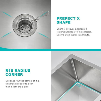 15 Inch Undermount Single Bowl Kitchen Sink, 18 Gauge 304 Stainless Steel Mini Bar Sink for Compact Kitchen & RV with X-Drain Groove & Noise Absorbing Pads,D15"xW15"xH6"