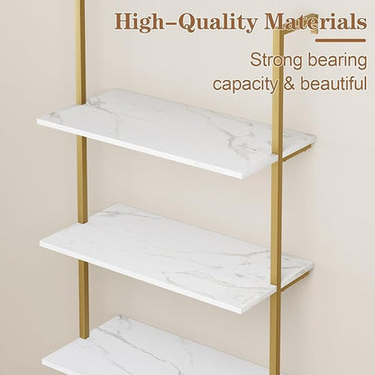 Wolawu Ladder Shelf 5 Tiers Wall Mounted Bookshelf 2-Piece White Marble Modern Bookshelf Open Tall Storage Bookcase Standing Leaning Wall Shelves Industrial Decorative for Home Office Living Room