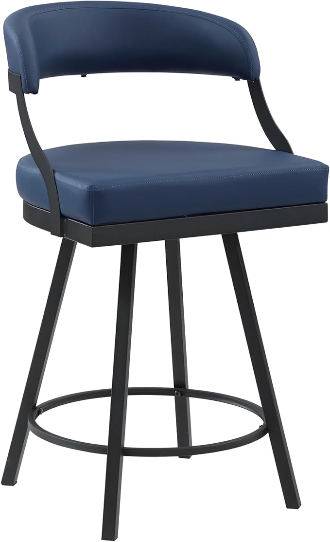 Lexicon Swivel Counter Height Stools Set of 2 - Counter Height Stools for Kitchen Island, Padded Seat, Open Back, Sturdy Black Metal Frame Finish and Blue Faux Leather Cushion Seat, Blue