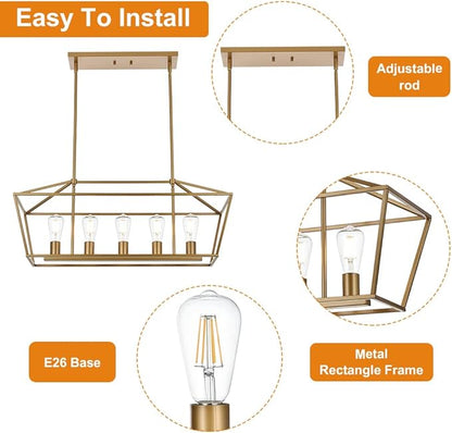 VINLUZ 5 Light Modern Kitchen Island Light in Gold Finish,Industrial Hanging Pendant Lighting Fixture with Metal Frame Linear Lantern Chandelier for Dining Room Foyer Cafe Bar