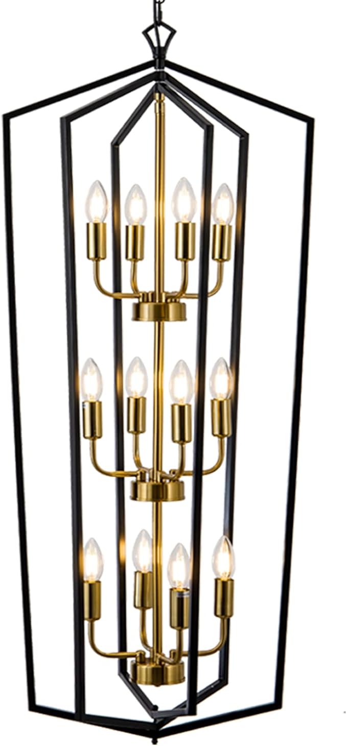 Lanhall 12-Light Lantern Tired Foyer Entryway Hanging Lights Farmhouse High Ceiling Pendant Lights Industrial Chandelier for Hall Foyer Entryway Living Room-Brushed Brass