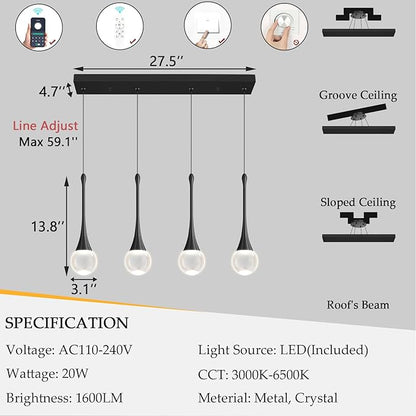 Rectangular Crystal Pendant Light for Kitchen Island 4 Light Dimmable Crystal Chandelier Lighting Fixtures with Remote for Dining Room Living Room Black