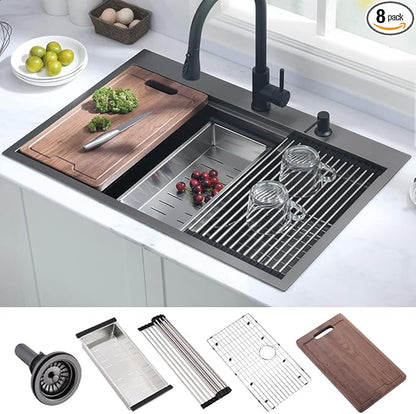 33 Inch Black Kitchen Sink Drop In Workstation-Hovheir 33x22 Drop In Top Mount Kitchen Sinks Black Stainless Sink 16 Gauge Stainless Steel Deep Single Bowl Workstation Sinks with Cutting Board