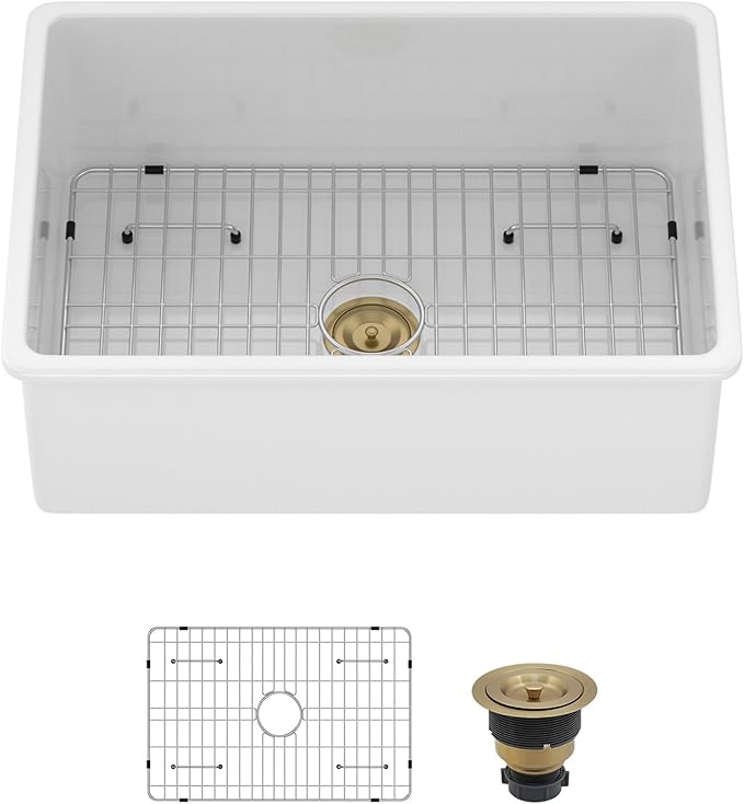 White Undermount Kitchen Sink 27 Inch Fireclay Porcelain Pure White Kitchen Sink 27"x19"x10" Dual Mount Single Bowl Glossy - Gold Drain
