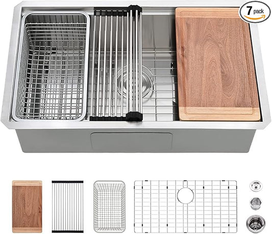 27 Inch Kitchen Sink Undermount-VASOYO 27x19 Stainless Steel Undermount Kitchen Sink Workstation 16 Gauge Deep Single Bowl Under Mount Sinks Basin with Cutting Board