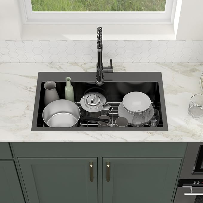 Logmey 33x19 Drop in Kitchen Sink Nano PVD Gunmetal Black Handmade Topmount Sinks 16 Gauge SUS304 Stainless Steel Single Bowl Sinks,Ideal for Home Cooking,Cleaning & Daily Kitchen Use,Noise Reduction