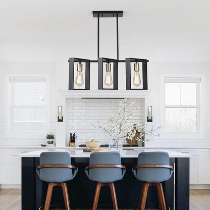 9MMML 3 Lights Kitchen Island Lighting, Modern Rectangle Linear Pendant Light, Black Frame+ Gold Socket Chandelier for Dining &Living Room Foyer Entryway Hallway,E26,Height Adjustable.