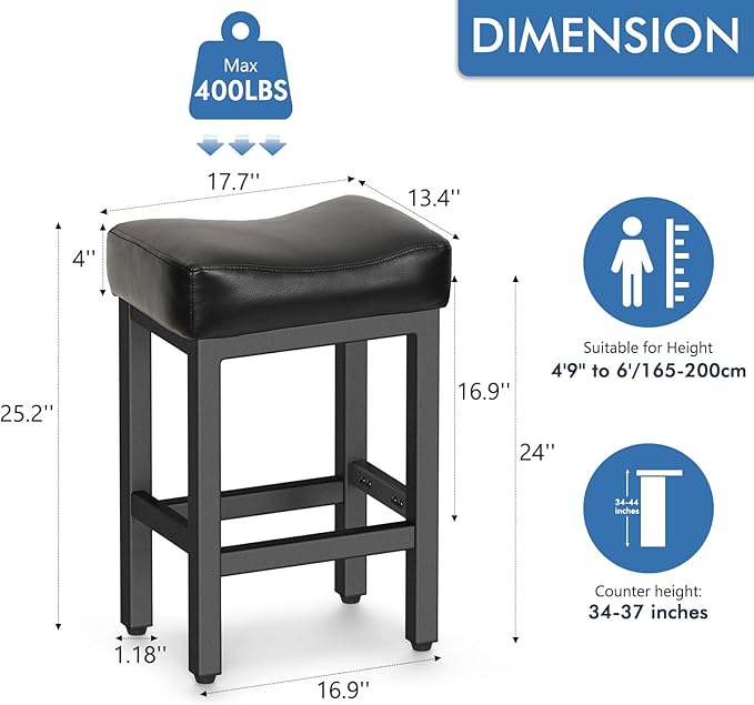 Raynesys Counter Height Bar Stools Set of 2, 24 Inch Barstools for Kitchen Island Counter, Bonded Leather Kitchen Stools with Thick Saddle Seats & Heavy Duty Metal Base, Easy Assembly, All Black