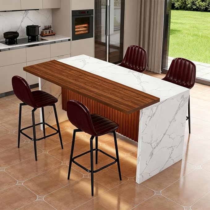 63 Inch Kitchen Island with 4 Deep Brown Bar Stools – White Marble Countertop, Integrated LED Lighting & Grille Design, Multi-Functional Breakfast Bar for Dining Rooms, (White+4dark Brown)