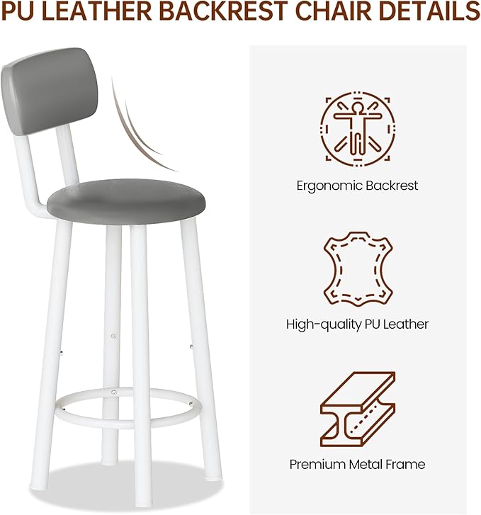 Kitchen Dining Table Set for 2, Bar Table and Chairs Set with 3 Storage Shelves, Tall Dining with 2 PU Leather Backrest Stools for Small Space, Kitchen Island, Apartment, Grey