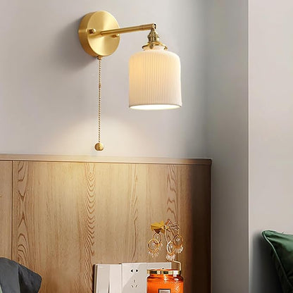 Vintage Wall Sconce Light Ceramic Wall Lamp with Pull Chain Switch White Ceramic Shade Retro Gold Brass Wall Lighting for Bedroom Kitchen Sink Farmhouse