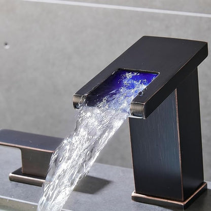 AVSIILE LED Bathroom Faucet 3 Hole, Oil Rubbed Bronze Waterfall Bathroom Faucets, 8 Inch Widespread Modern Bathroom Sink Faucet & Parts, Wide Spread Touch On Three Hole 2 Handle Bathroom Vanity Faucet