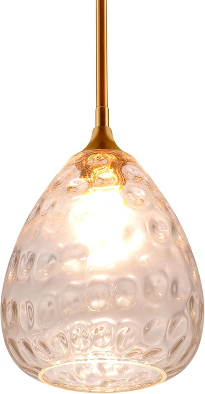 Transparent Clear Hammered Glass Pendant Light with Brass Gold Accent, Adjustable Hanging Lamp for Kitchen, Dining Room, and Living Room