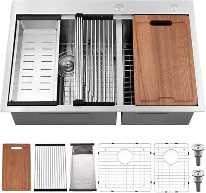 33 Inch Double Bowl Drop In Kitchen Sink Workstation-Bokaiya 33x22 Double Bowl Kitchen Sink Drop In Stainless Steel 16 Gauge Deep 60/40 Low Divide Sinks with Cutting Board