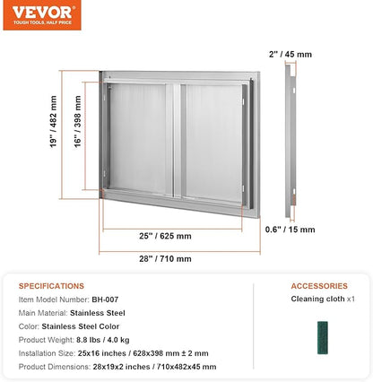 VEVOR Double Outdoor BBQ Kitchen Door, 28" W x 19" H Inch, Stainless Steel Flush Mount Vertical Door with Recessed Handles for Grilling Station