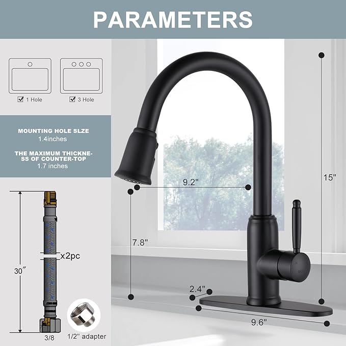 WOWOW Black Kitchen Faucet with Sprayer: 304 Stainless Steel Kitchen Sink Faucet for 1 or 3 Hole, High Arc Single Handle Mixer Taps with Deck Plate, Vintage Style