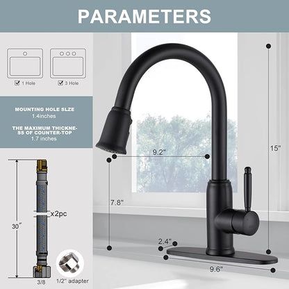WOWOW Black Kitchen Faucet with Sprayer: 304 Stainless Steel Kitchen Sink Faucet for 1 or 3 Hole, High Arc Single Handle Mixer Taps with Deck Plate, Vintage Style