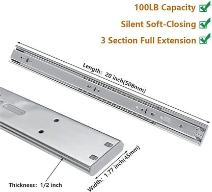 LONTAN 20 Inch Soft Close Drawer Slides 1 Pair Side Mount Heavy Duty Cabinet Drawer Glides Ball Bearing Full Extension Kitchen Cabinet Rails 100 LB Capacity