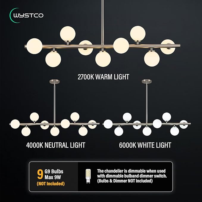 Mid Century Modern Globe Sputnik Chandelier, 9-Light Linear Chandeliers for Dining Room and Kitchen Island, Dining Light Fixture Over Table, Nickel and Milk White Glass Bubble, 40 Inch