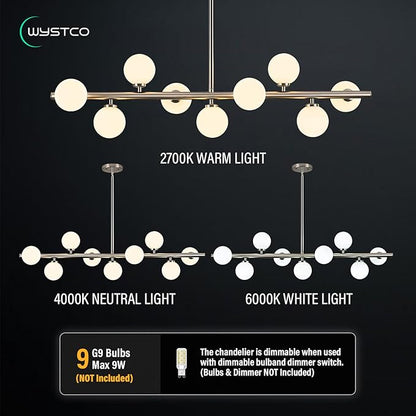 Mid Century Modern Globe Sputnik Chandelier, 9-Light Linear Chandeliers for Dining Room and Kitchen Island, Dining Light Fixture Over Table, Nickel and Milk White Glass Bubble, 40 Inch