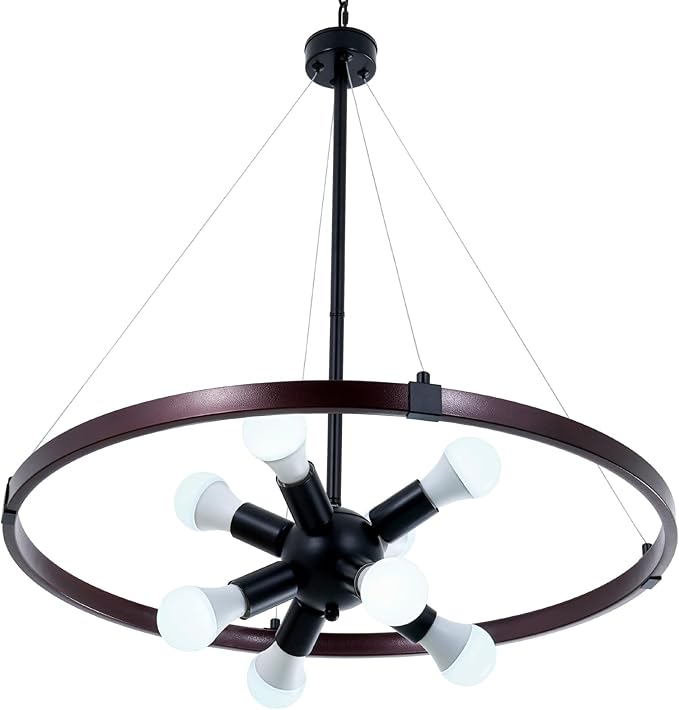8-Light Wagon Wheel Chandelier, Modern Farmhouse Chandelier for Dining Room Light Fixture 25.5" Rustic Industrial Round Hanging Pendant Lighting for Bedroom, Living Room, Foyer, Kitchen Island