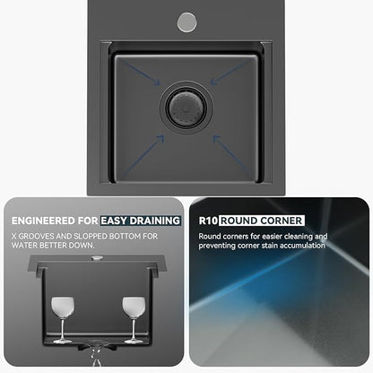 Lordear Bar Sink 15 Inch Black Drop In Kitchen Sinks Stainless Steel Bar Sink 16 Gauge Single Bowl Topmount Small Prep RV Sinks Square Basin