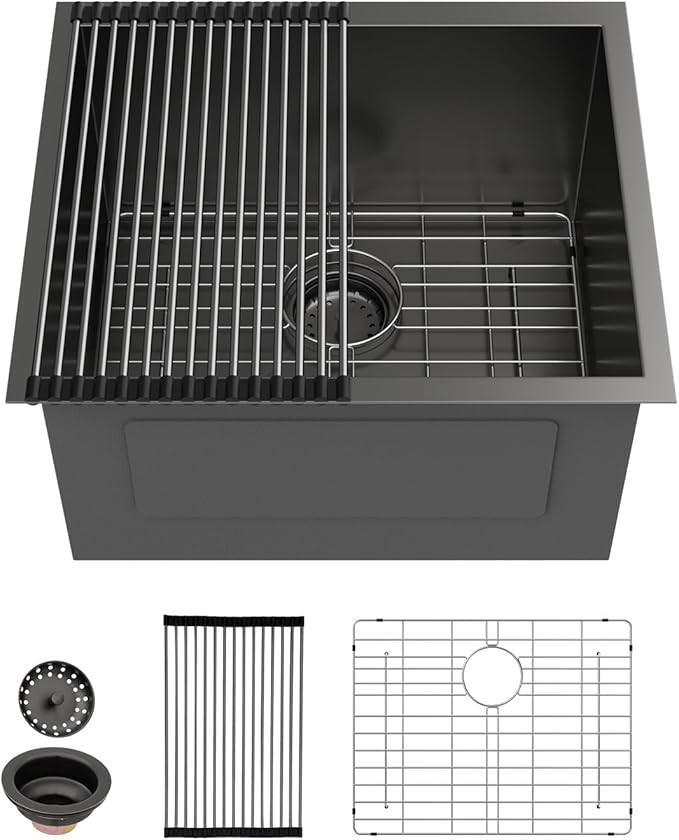 Sarlai Black Undermount Laundry Sink 21 Inch - 12 Inch Deep Undermount Laundry Utility Gunmetal Black Sink Single Bowl Kitchen Sinks 16 Gauge Stainless Steel Laundry Tub Sinks Basin 21"x18"x12"