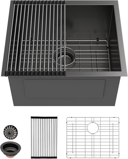 Sarlai Black Undermount Laundry Sink 21 Inch - 12 Inch Deep Undermount Laundry Utility Gunmetal Black Sink Single Bowl Kitchen Sinks 16 Gauge Stainless Steel Laundry Tub Sinks Basin 21"x18"x12"