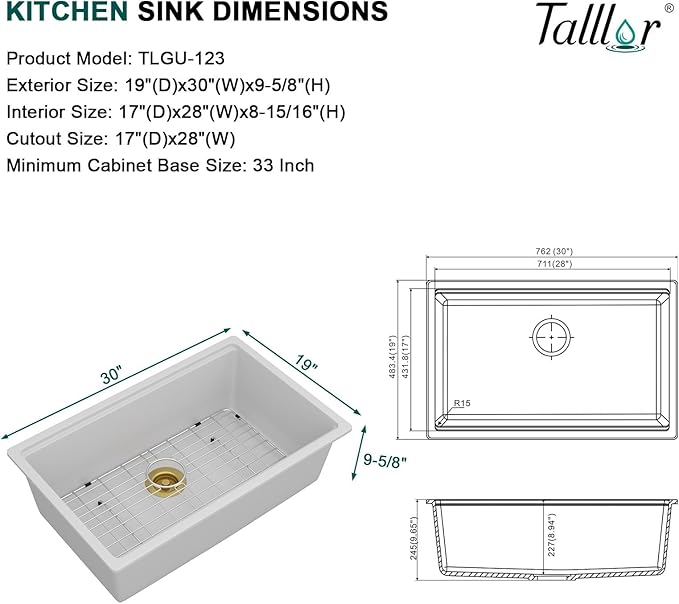 30 White Undermount Kitchen Sink-Granite Composite Single Bowl Workstation All-In One Classic Quartz Kitchen SInk with Mixing Bowl, Cutting Board and Pasta Strainer #TLGU-123
