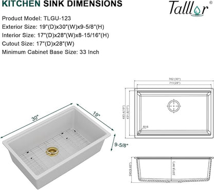 30 White Undermount Kitchen Sink-Granite Composite Single Bowl Workstation All-In One Classic Quartz Kitchen SInk with Mixing Bowl, Cutting Board and Pasta Strainer #TLGU-123