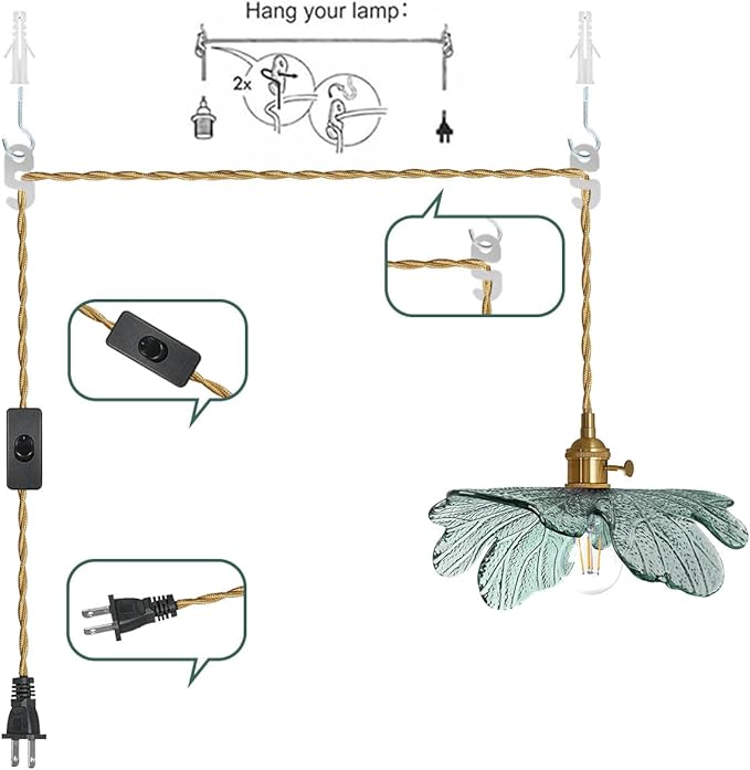 Plug in Hanging light, Modern brass Pendant Light Dark green Glass Shade 14.75ft Hanging Light with Plug in Cord Large glass pendant light Plug in Pendant Lighting for Kitchen Living Dining Room