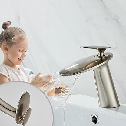 Wovier Brushed Nickel Waterfall Bathroom Sink Faucet,Single Handle Single Hole Brass Lavatory Vanity Faucet,Slanted Body Basin Mixer Tap with Supply Hose and Pop Up Drain Assembly