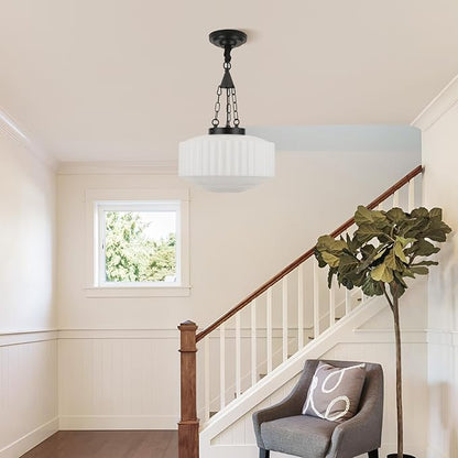 Schoolhouse Pendant Light, 14inch Milk Glass Pendant Light Vintage Black Chandelier Adjustable Height Mid Century Modern Pendant Lighting for Kitchen Island Dining Room Foyer Hallway