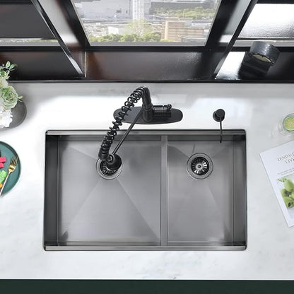 33 Inch Black Undermount Kitchen Sink Double Bowl-iAnomla 33x19 Black Stainless Steel Kitchen Sink Under Mount Workstation Sinks 16 Gauge 60/40 Low Divide Double Sinks with Cutting Board