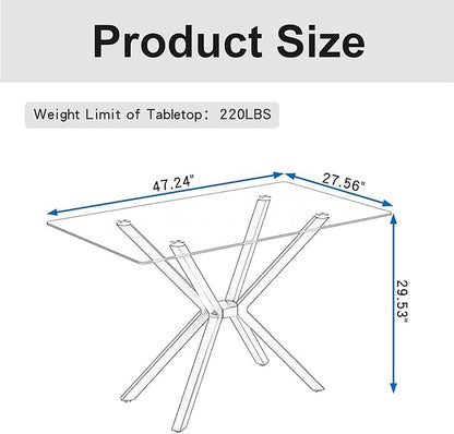 47'' Modern Glass Dining Table for 2-4 People, Rectangular Dining Room Table with Black Metal Legs, Clear Tempered Glass Top Dining Table for 4, Black Dining Kitchen Table for 4
