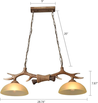 Retro Deer Horn Chandelier, Resin Pendant Light Antler Hanging Ceiling Lamp Fixture 2 Light Sunset Glass Shades Vintage Style Chandelier for Living Room Bar Cafe Dining Room Indoor Decorative
